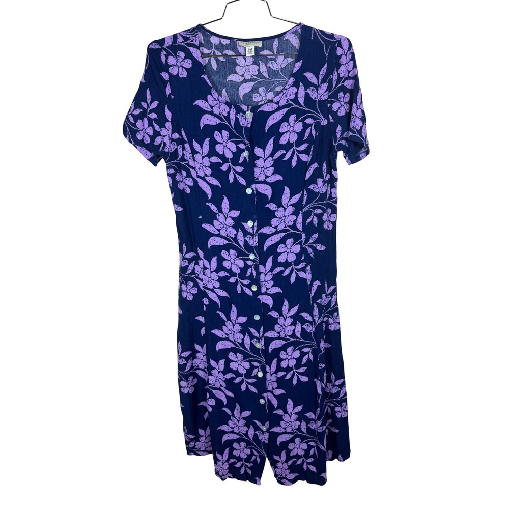 Appleseeds Petites Navy Purple Floral Rayon Button Front Midi Dress PM